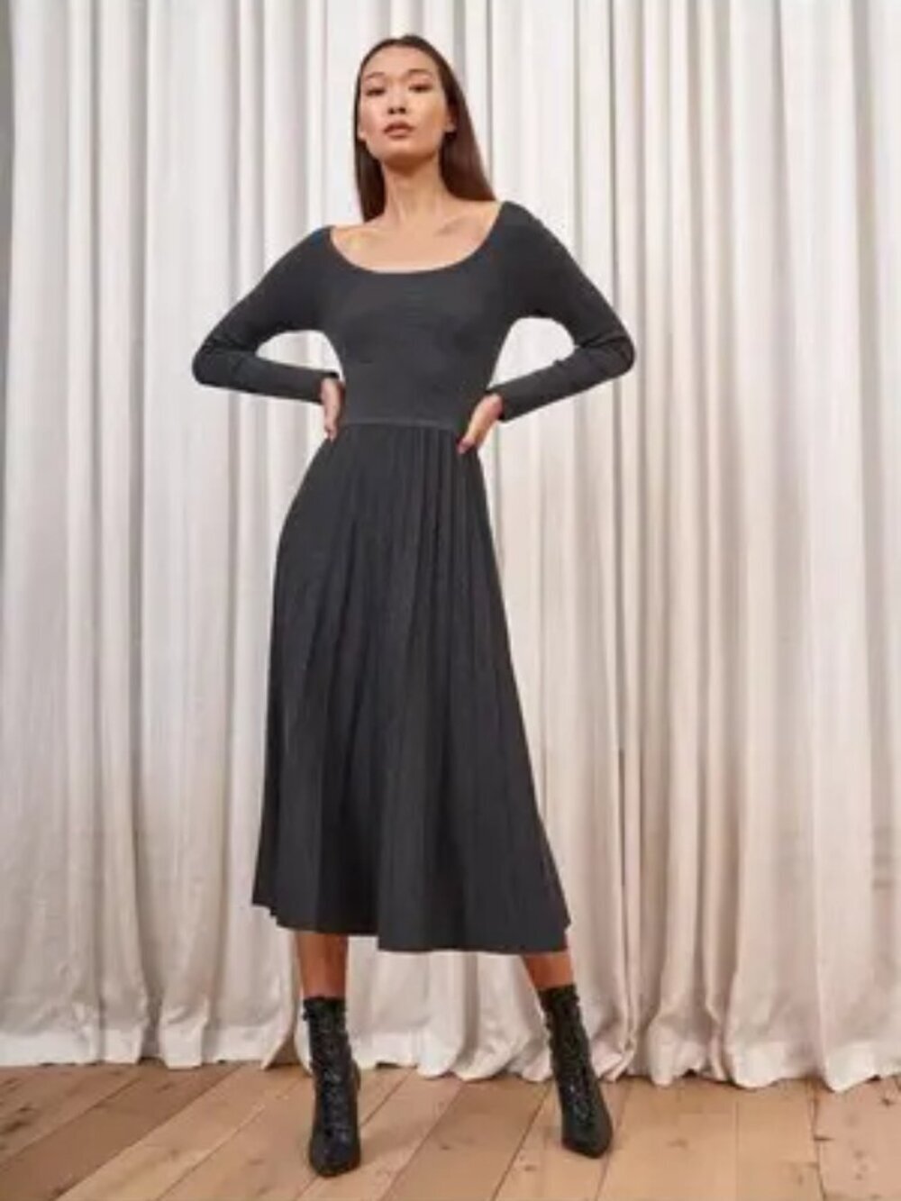 La Ligne Adeline Dress Merino Wool Pleated Midi Accordion Long Sleeve Gray Large